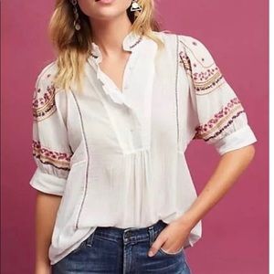 Anthropologie Embroidered High Neck Blouse